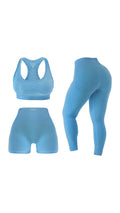 VELOUR SereneFit 3-Piece Seamless Workout Set — sky blue zip jacket sports bra and leggings