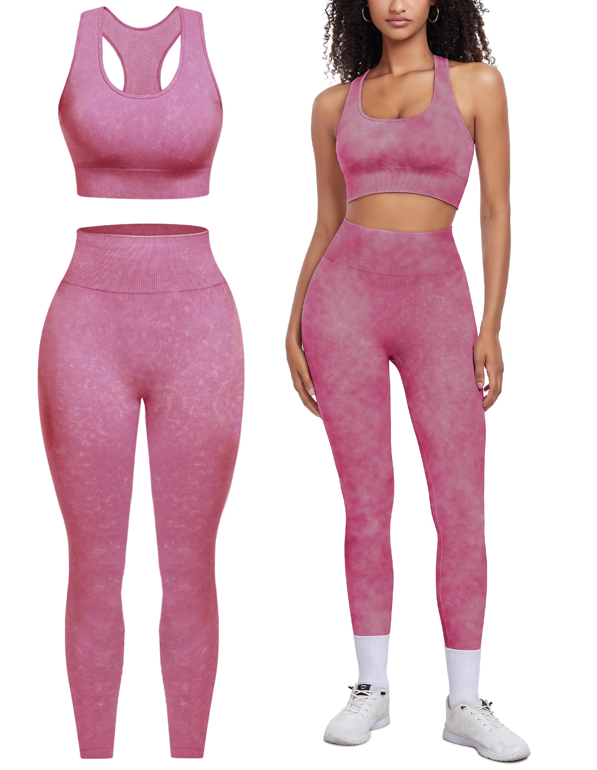 VELOUR Acid Wash Seamless 2-Piece Workout Set — pink high-waist leggings and sports bra