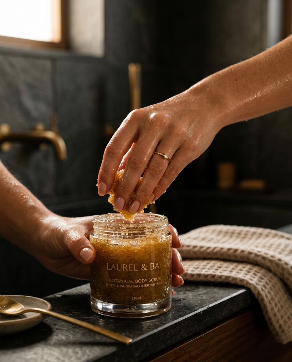 The Reset Scrub — woman using sugar salt body scrub, PORÉ