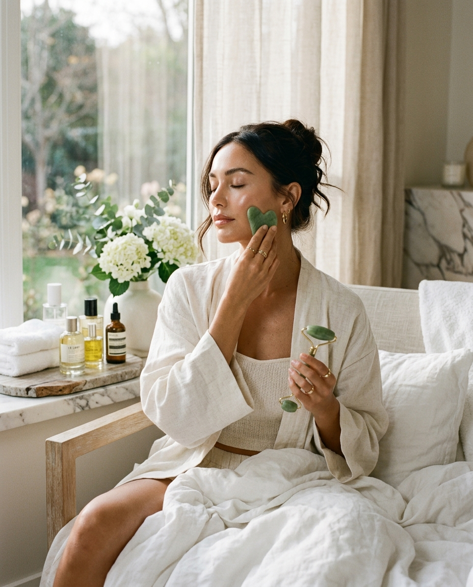 The Gua Sha Ritual — woman using jade roller and gua sha, PORÉ