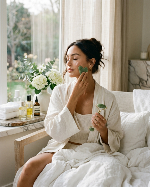 The Gua Sha Ritual — woman using jade roller and gua sha, PORÉ