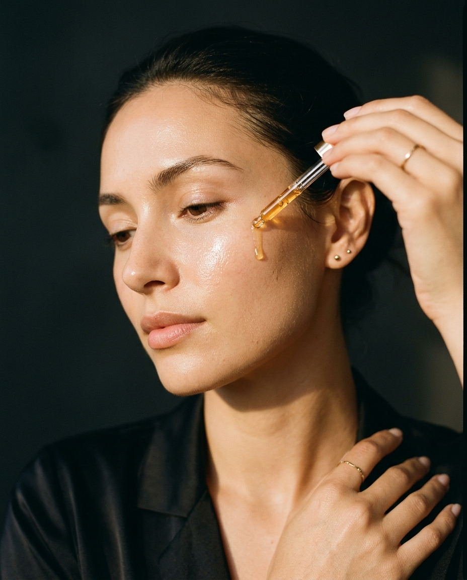 The Glow Serum — woman applying vitamin C serum, PORÉ