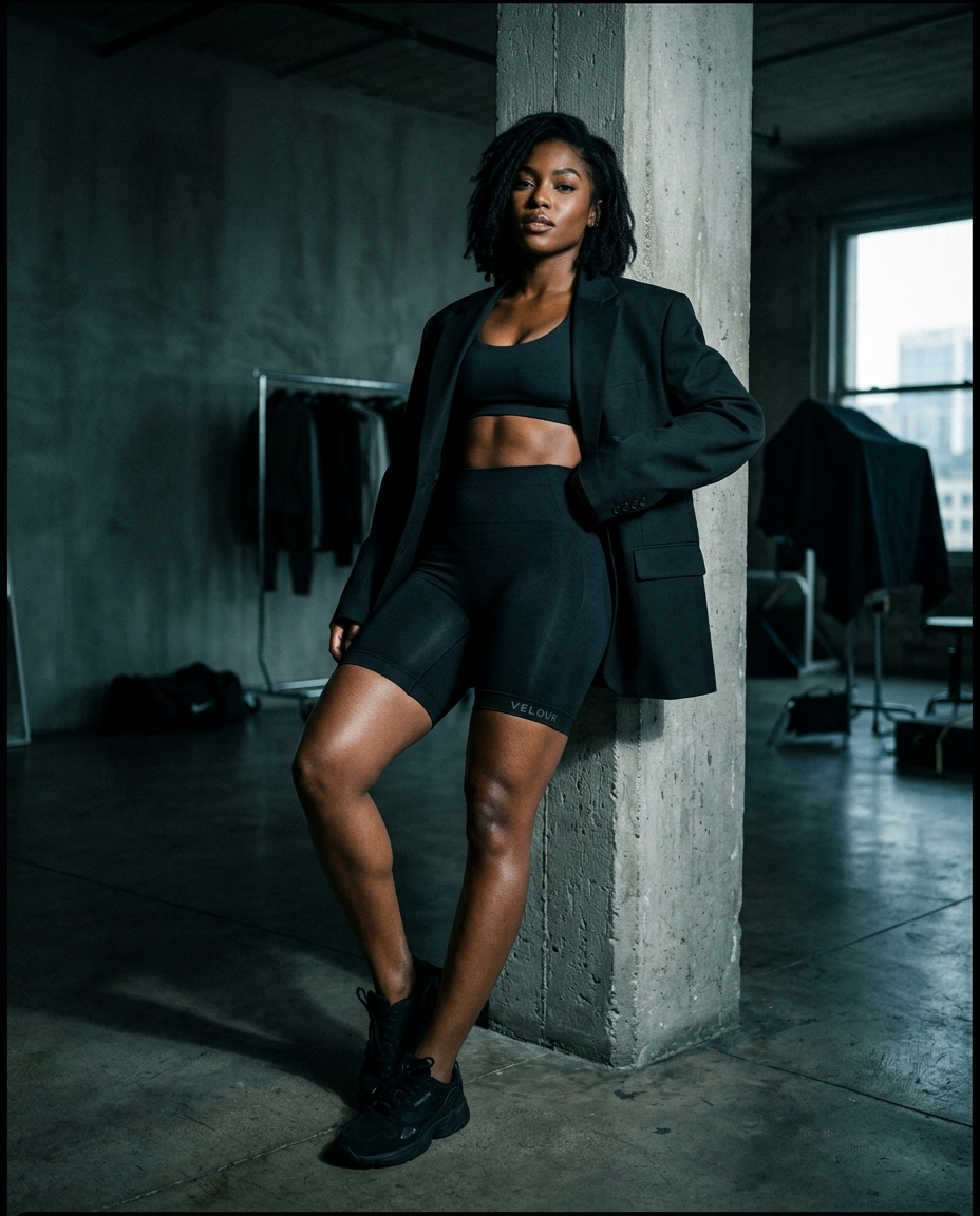 The Lift Shorts — woman wearing black sculpting butt lifter shorts, VELOUR