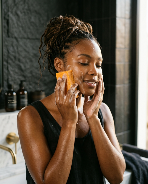 The Glow Bar — woman using turmeric brightening soap, PORÉ