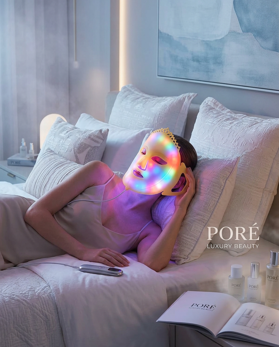 Glow LED Light Therapy Mask — woman wearing LED face mask, PORÉ