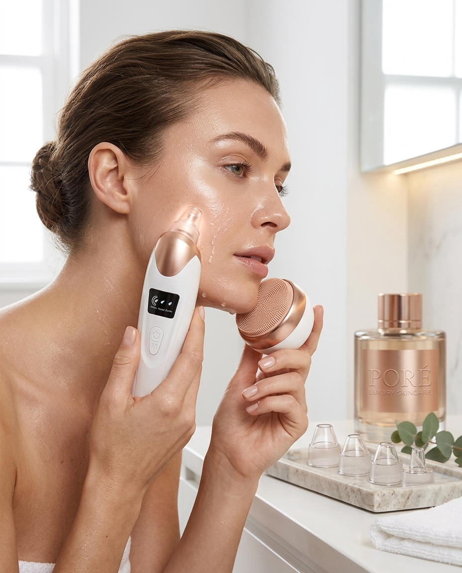 Pore Vacuum + Brush Duo — woman using pore vacuum, PORÉ
