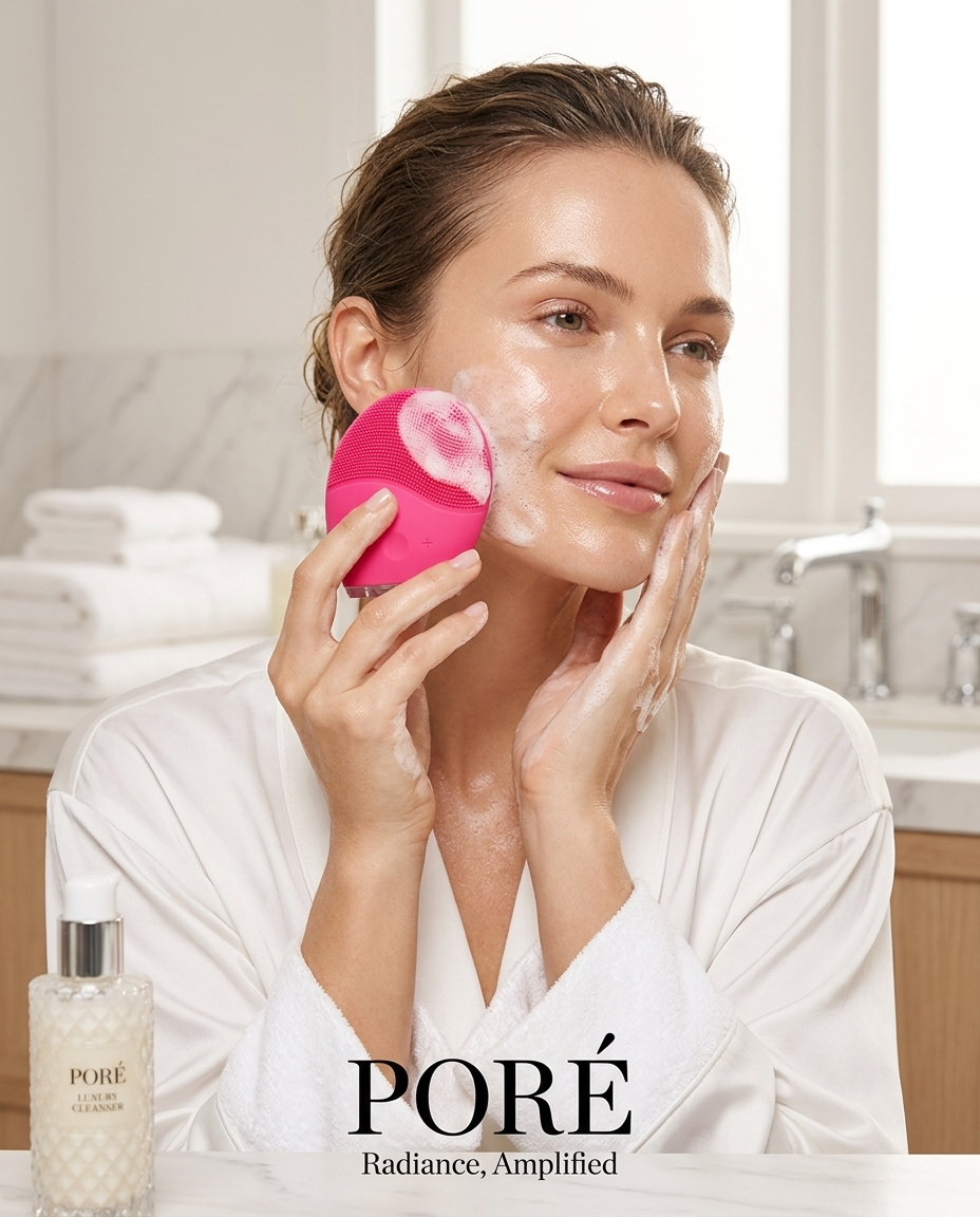 PORÉ Sonic Silicone Cleansing Brush — woman using the cleansing brush