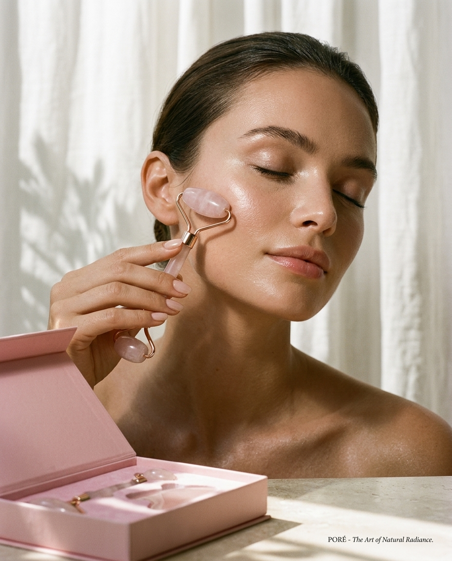 PORÉ Rose Quartz Roller & Gua Sha Set — woman using the rose quartz roller