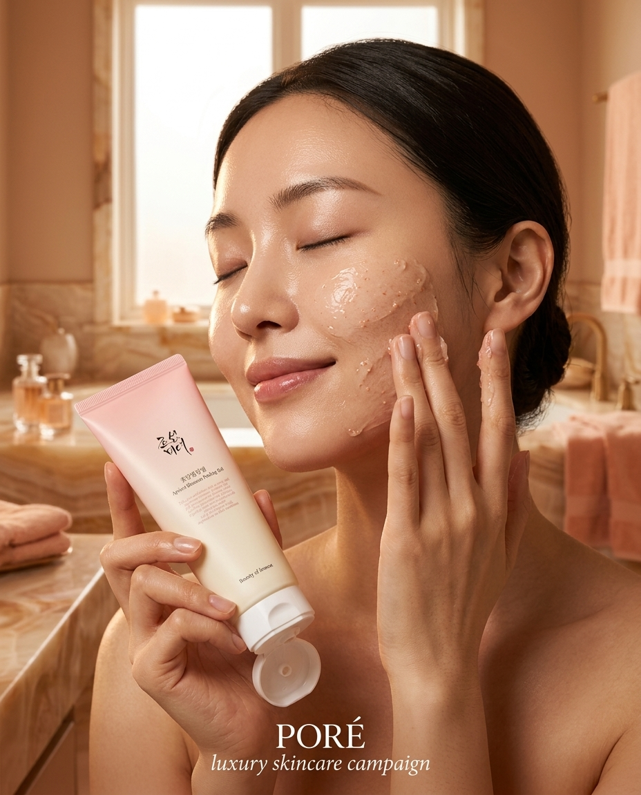 Apricot Glow Peeling Gel — woman applying peeling gel, PORÉ