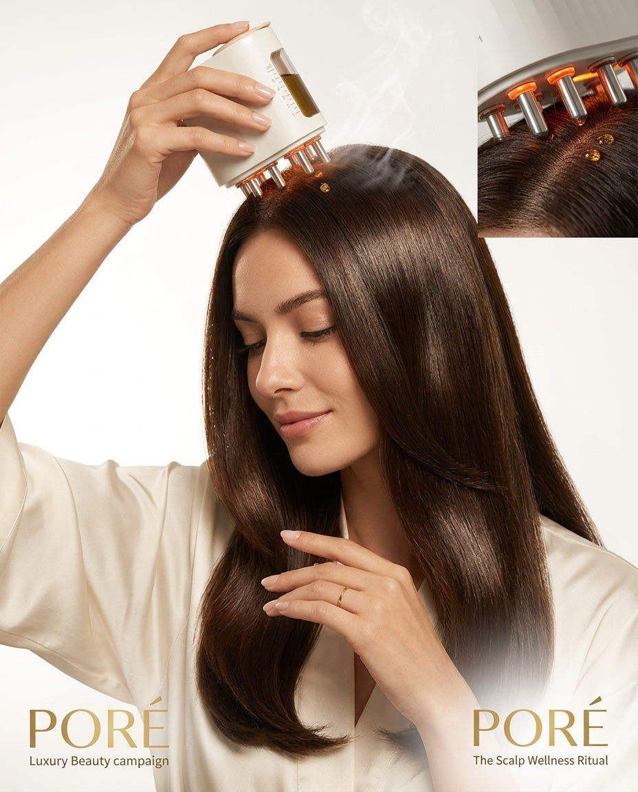PORÉ Rosemary Scalp Growth Oil Applicator — woman using the scalp oil applicator