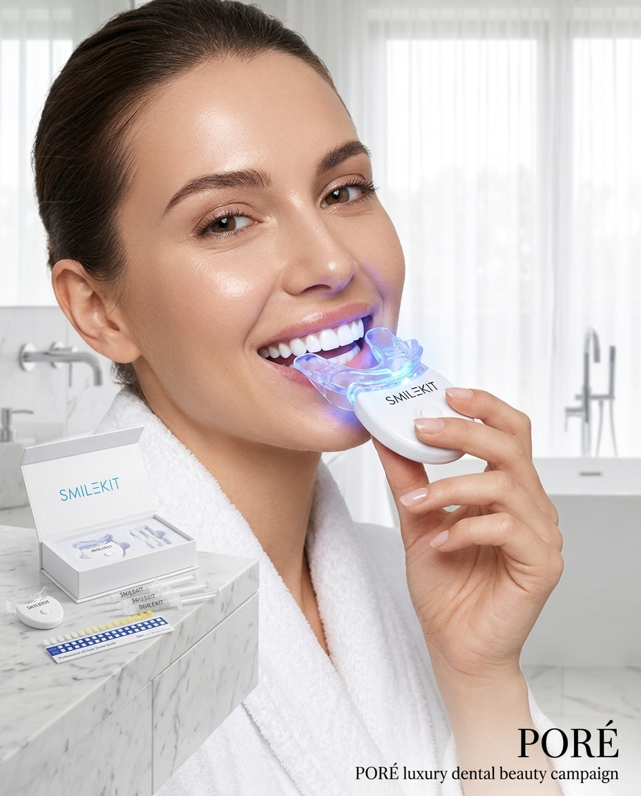 PORÉ LED Teeth Whitening Kit — woman using the LED whitening device