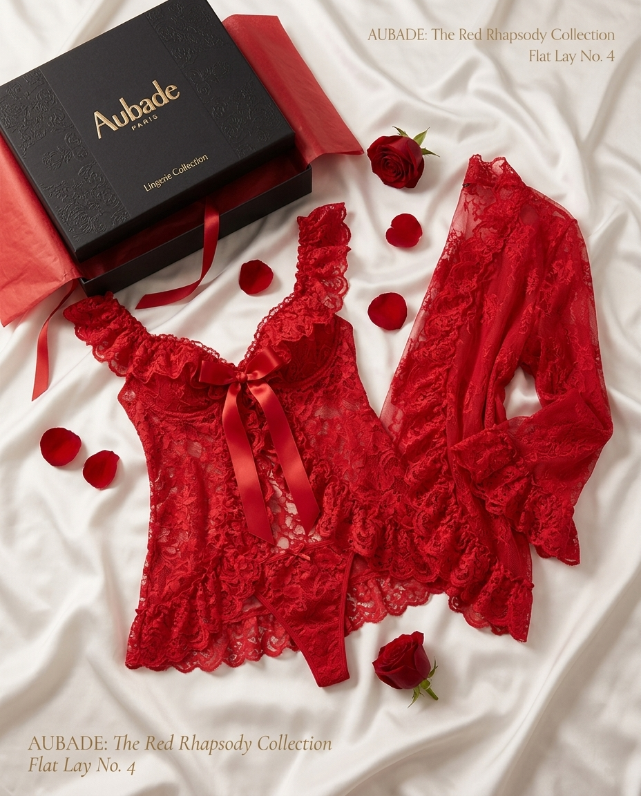 VELOUR Lace Lingerie Set with Sheer Nightgown flat lay