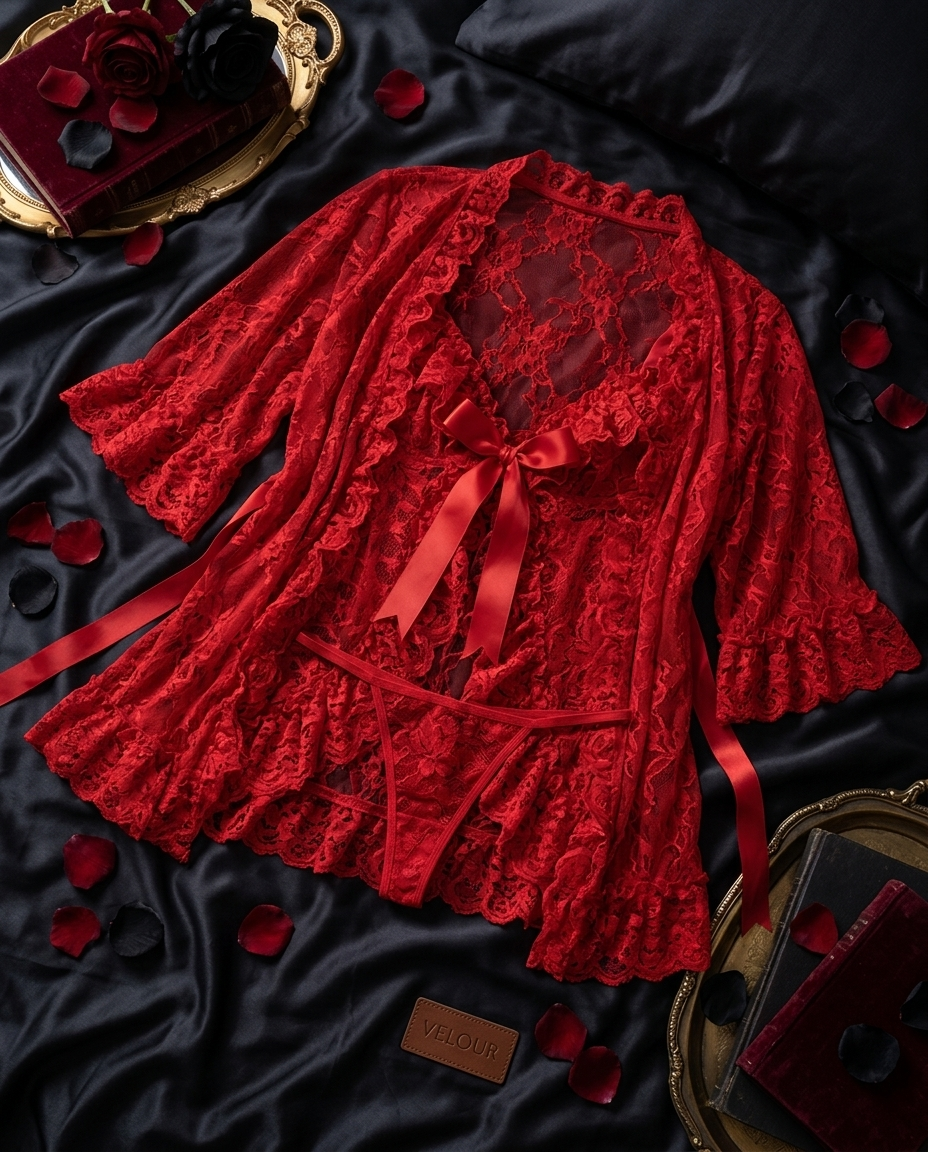 VELOUR Plus Size Lace Lingerie Set with Sheer Nightgown